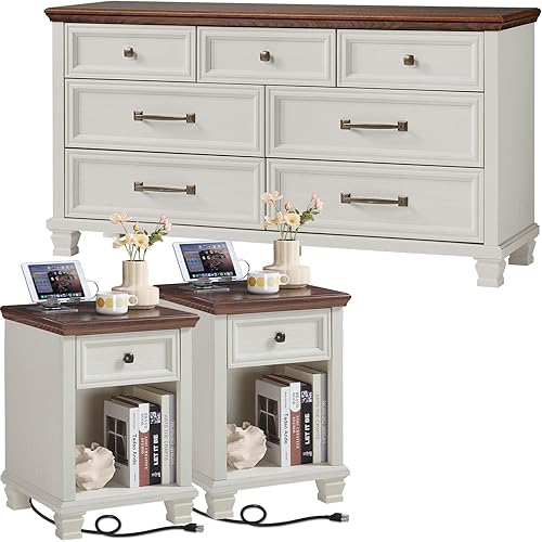 Farmhouse Bedroom Dresser and Nightstand Set, 7 Drawer Dresser & 1 Drawer Nightstand Set, Rustic Wood Bedroom Furniture Set for Home, Hallway, White