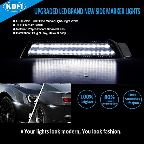Miniatura 2 de KDM Reflectores LED de lente ahumada para parachoques lateral, luces de doble fila, color blanco brillante, apto para Chevy Chevrolet Camaro 2010,