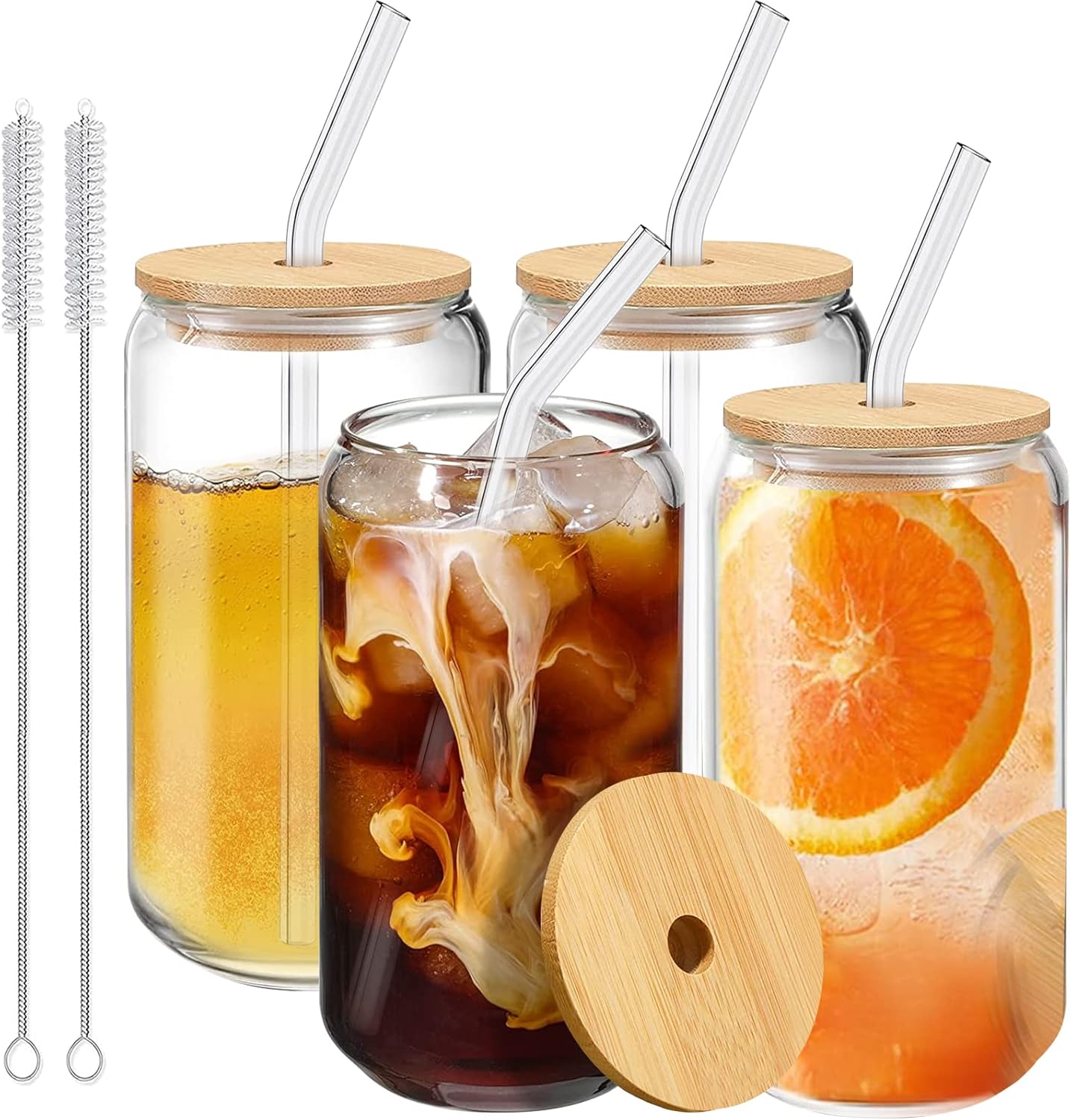 Drinking Glasses with Bamboo Lids and Glass Straw 4pcs Set 16oz Iced Coffee Cup