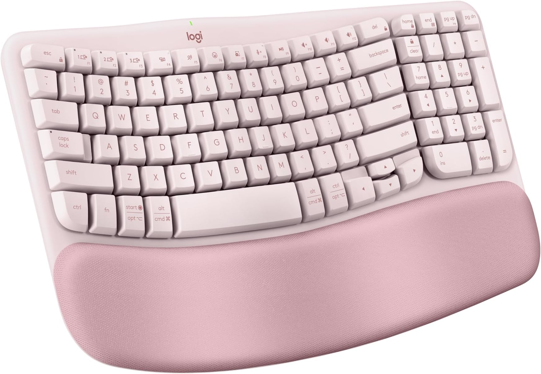 Wave Keys Wireless Ergonomic Keyboard with Cushioned Palm Rest, Comfortable Natural Typing, Easy-Switch, Bluetooth, Logi Bolt Receiver, for Multi-OS, Windows/Mac - Rose