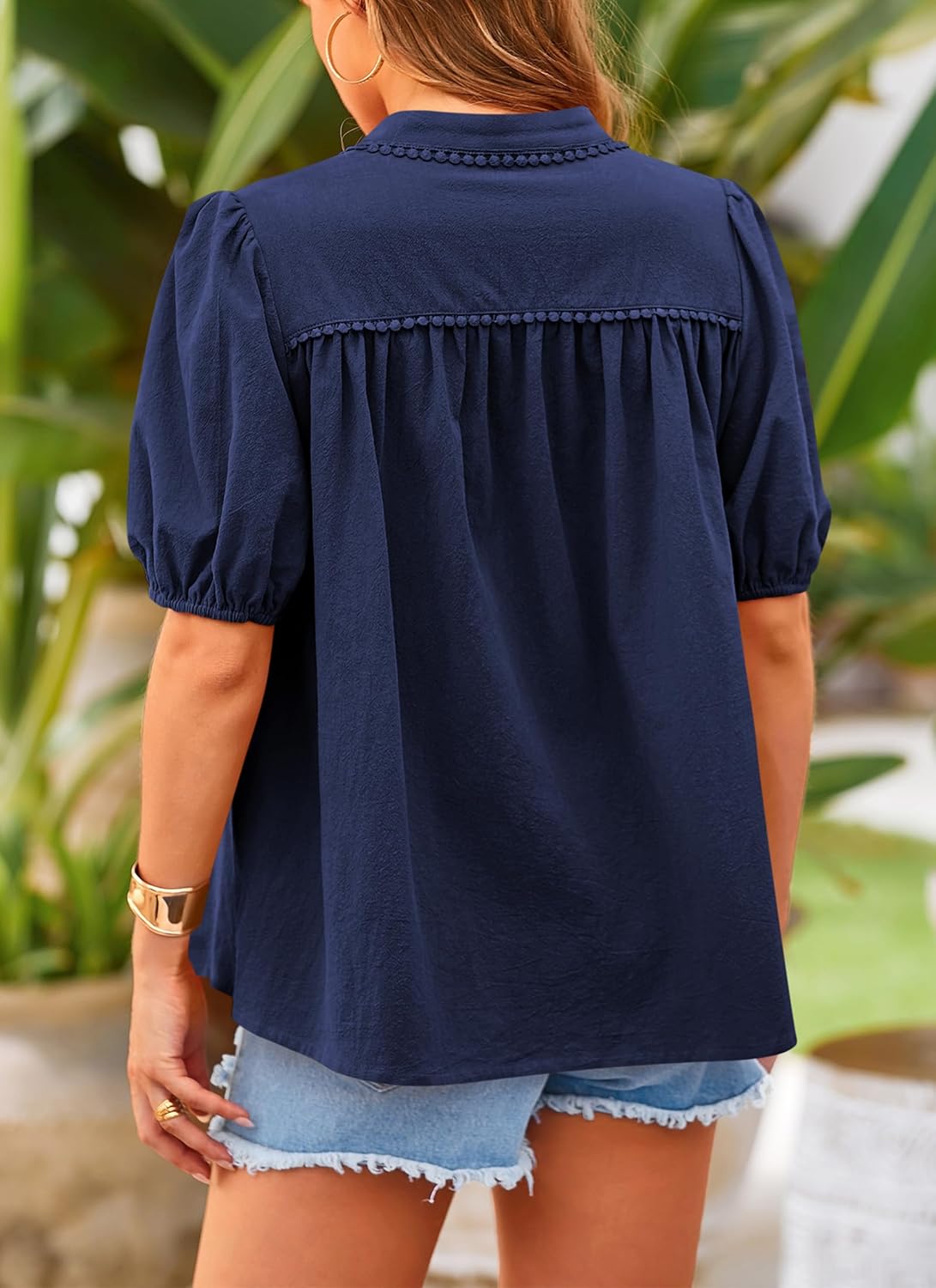 PRETTYGARDEN Women's 2026 Summer Button Down Shirts Short Lantern Sleeve V Neck Cotton Cute Tops Dressy Casual Blouses - Image 2