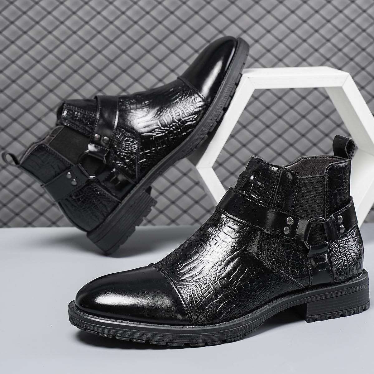 Santimon Men's Leather Chelsea Dress Boots Cap Toe Buckle Strap Ankle Boots with Side Zipper