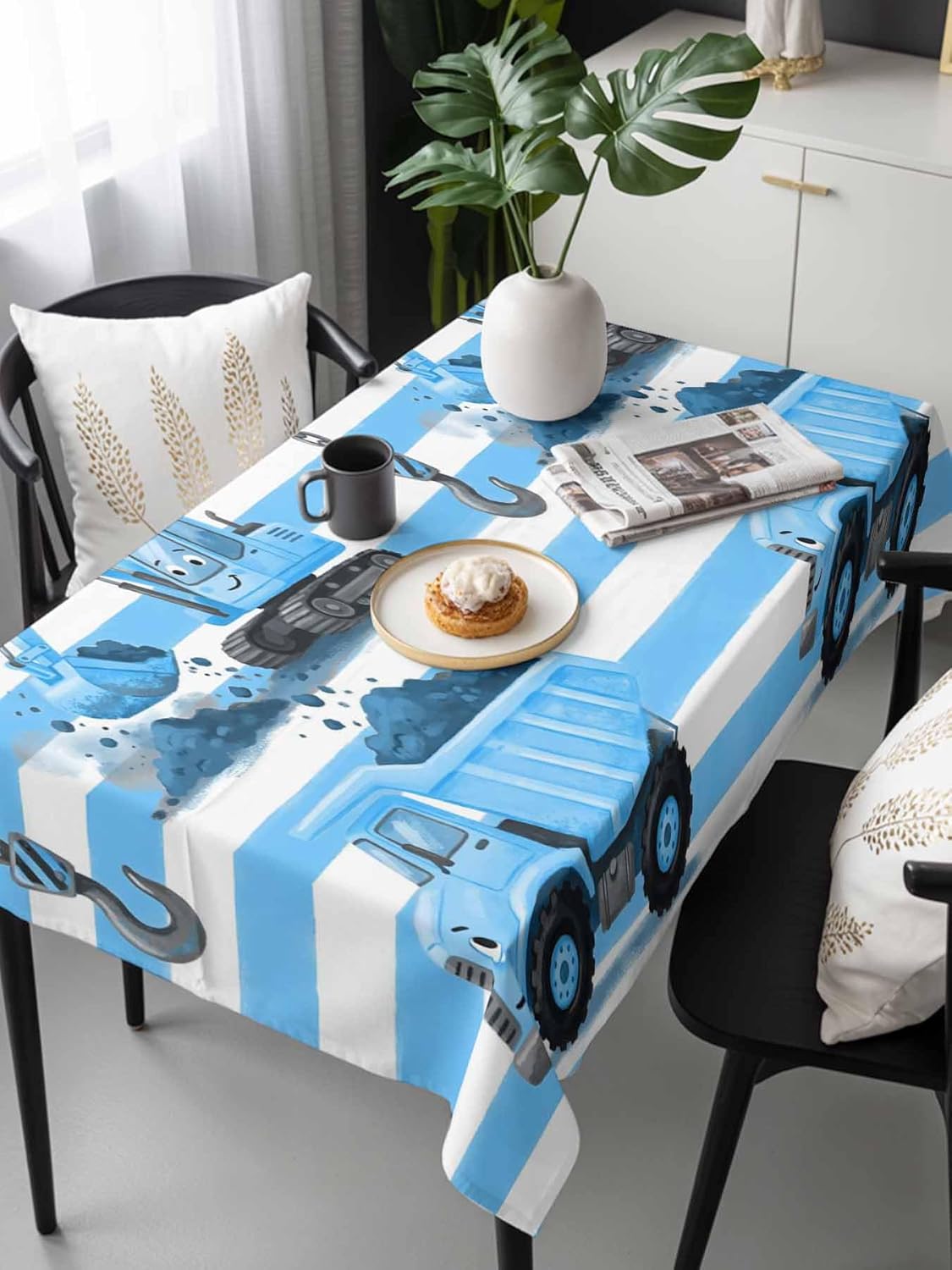 Children's Day Waterproof Table Cloth Blue Cartoon Cute Truck Hookup Blue Stripes Waterproof & Wrinkle Table Cover, Washable Polyester Soft Fabric Table Cloth for Outdoor Indoor Parties