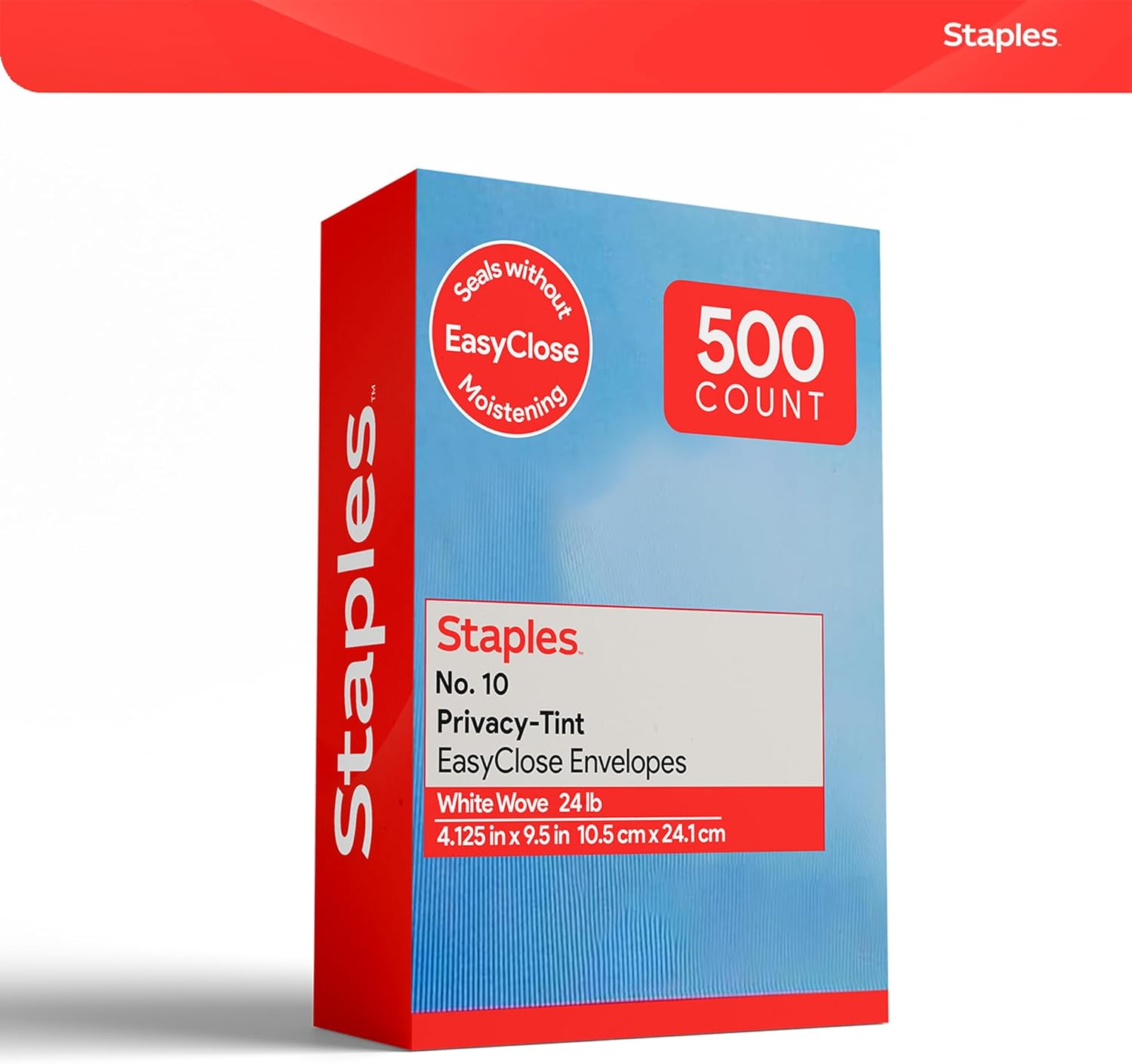 Staples #10 QuickStrip EasyClose Business Envelopes, White, Security‑Tinted, Peel & Seal Closure, 9.5" x 4.125", 500/Box