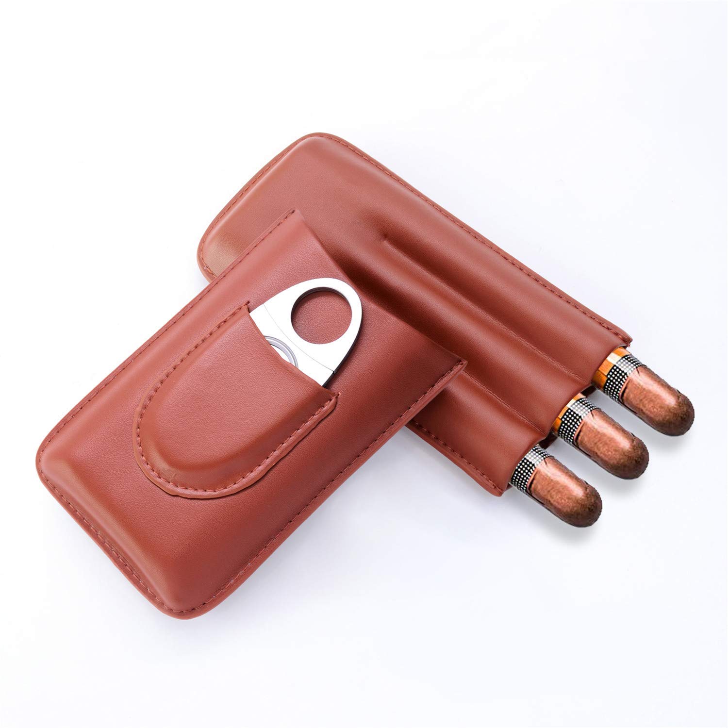 HXY2020 Cigar Humidors JSRANIS Genuine Leather Cigar Case with Stainless Steel Cutter, 3 Finger Cigar Pouch Travel Case for Men (Color : Browngenuine)