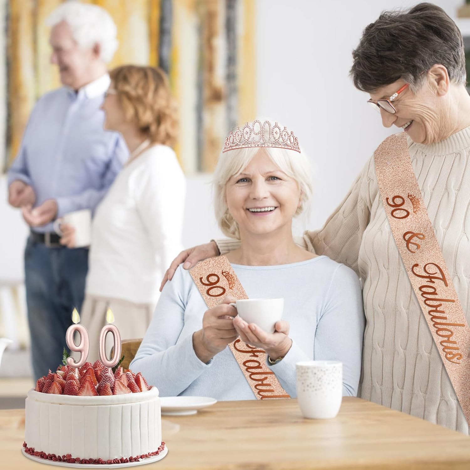 90th Birthday Decorations for Women with Rose Gold Sash, Tiara,Numbers Candles, Sincere 90th Birthday Gifts for Women 90th(Rose Gold)