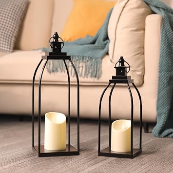 DARJEN Modern Farmhouse Lantern Decor Outdoor & Indoor- 17 14 Black Metal Candle Lanterns for Christmas, Lanterns Decorative with 2 Flameless Candles for Porch,Patio,Home,Fireplace Mantle Decor