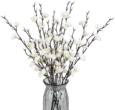 8PCS Artificial Plum Blossom Fake Flower Bouquet Faux Plum Blossom Plants for Wedding Bridal Bouquet Wreath Table Centerpiece Outdoor D cor White