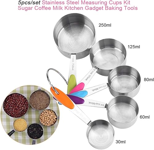 Miniatura 2 de Juego de 5 tazas medidoras de acero inoxidable con báscula, juego de 5 piezas de acero inoxidable para azúcar, café, leche, utensilios de cocina y
