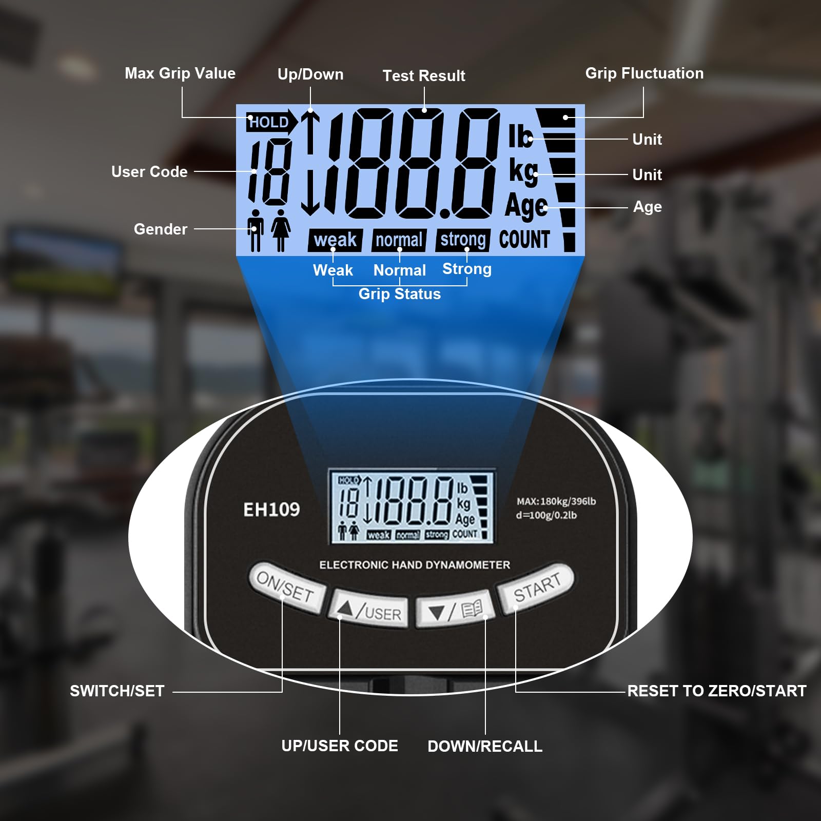 Dinamometro Mano Digitale Misuratore Elettronico Della Forza di Presa Della Forza Della Mano con Display LCD Nero Grip Trainer per la Forza di presa Trainer per la presa Regolabile 180 kg