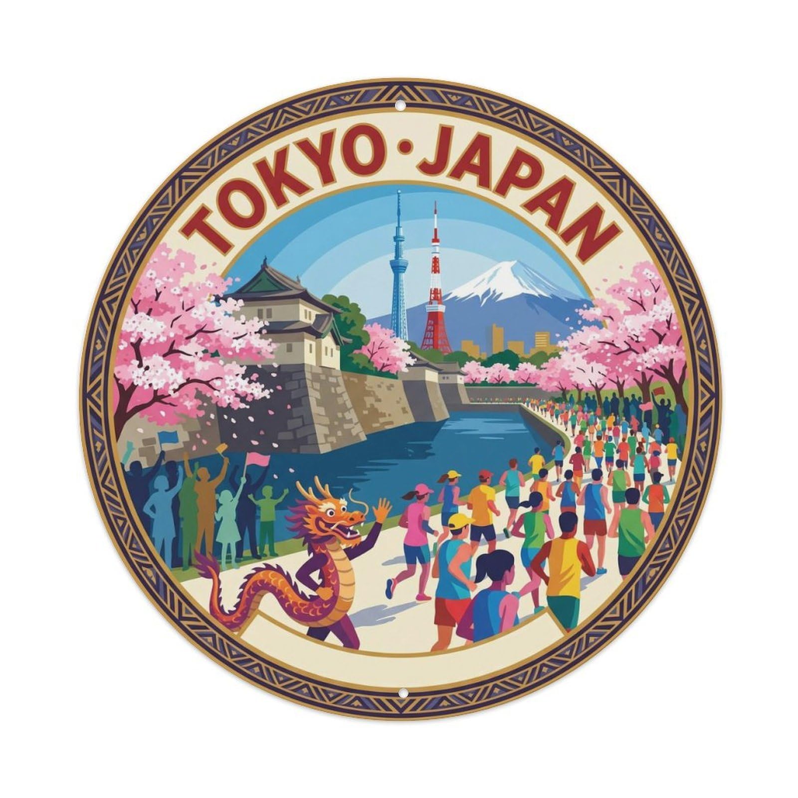 Tokyo Marathon Runners Imperial Palace Cherry Blossom Metal Tin Sign
