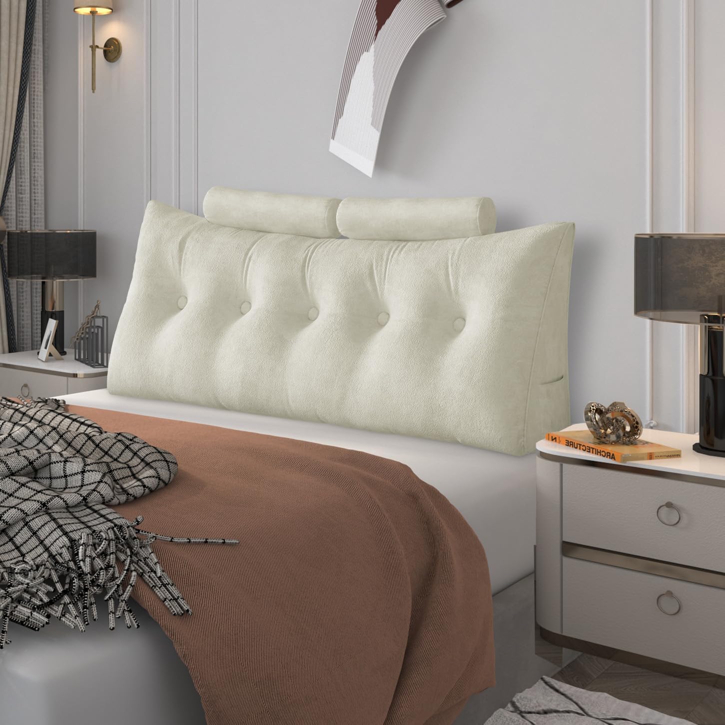 Fully Stuffed Thicked Headboard Pillow with 2 Bolsters Padded Headboard Queen Bed Wedge Pillow Bed Rest Reading TV Pillows for Autumn Winter Velvet White