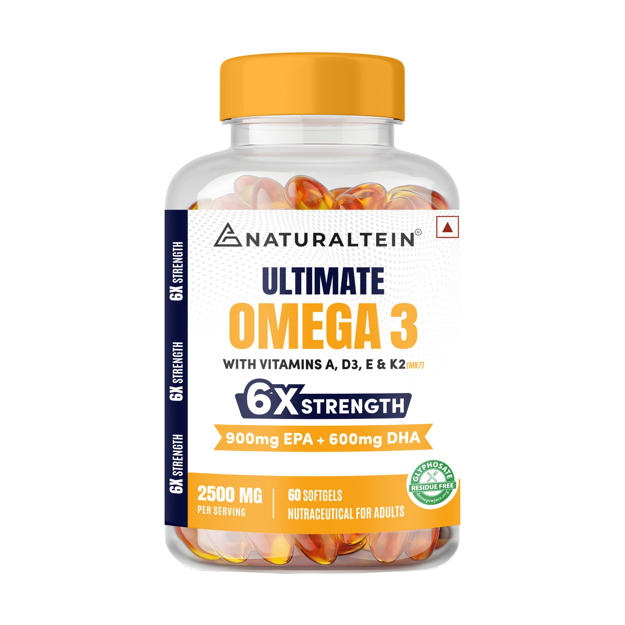 NATURALTEIN Ultimate Omega 3 6X Strength Fish Oil Softgels with EPA DHA Vitamin A D3 E K2, High Potency, 60 Softgels