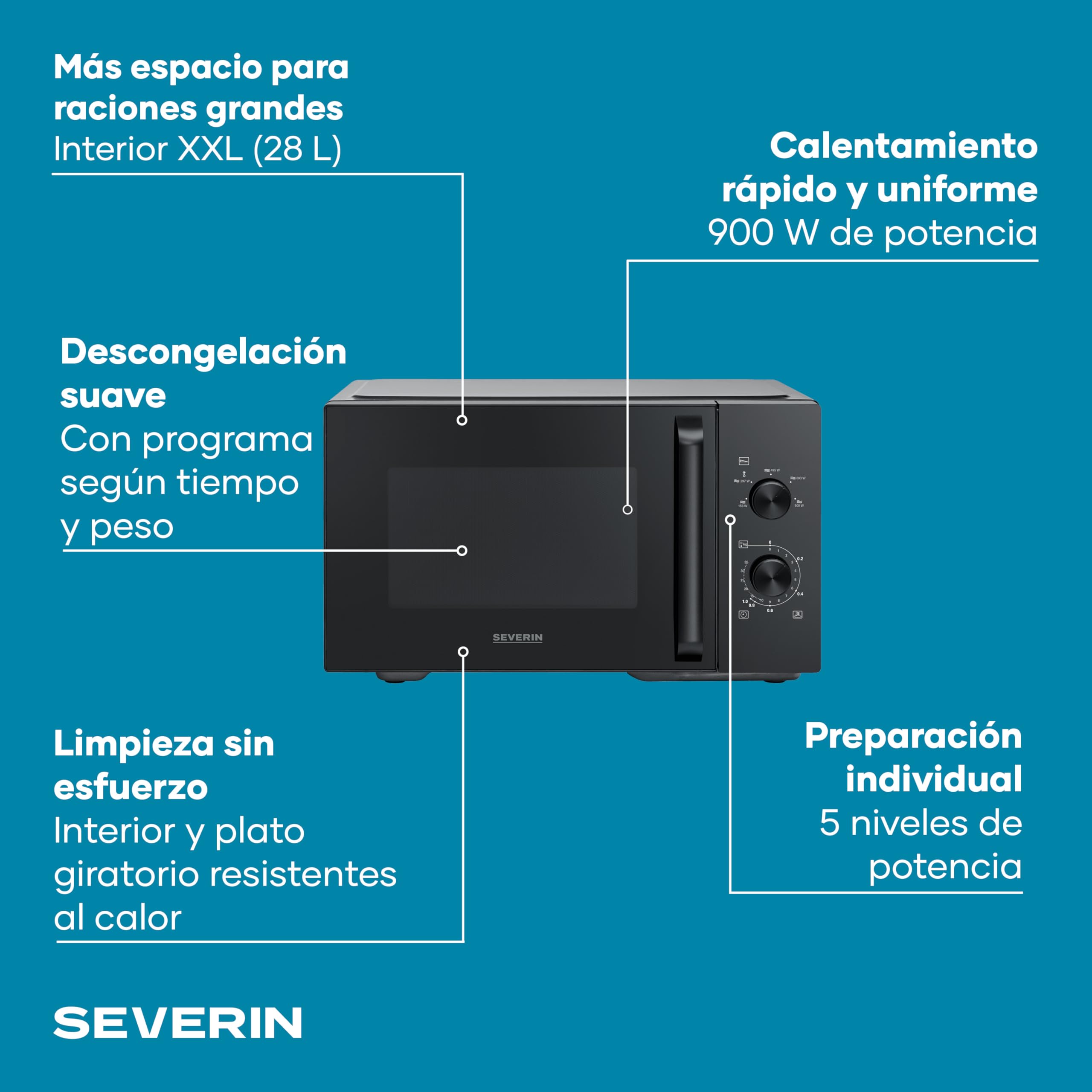 Severin Microondas, para descongelar y calentar, interior XXL, 28 l, horno microondas con plato giratorio de cristal extraíble, 5 niveles, temporizador de 35 minutos, 900 W, negro/metal, MW 7796