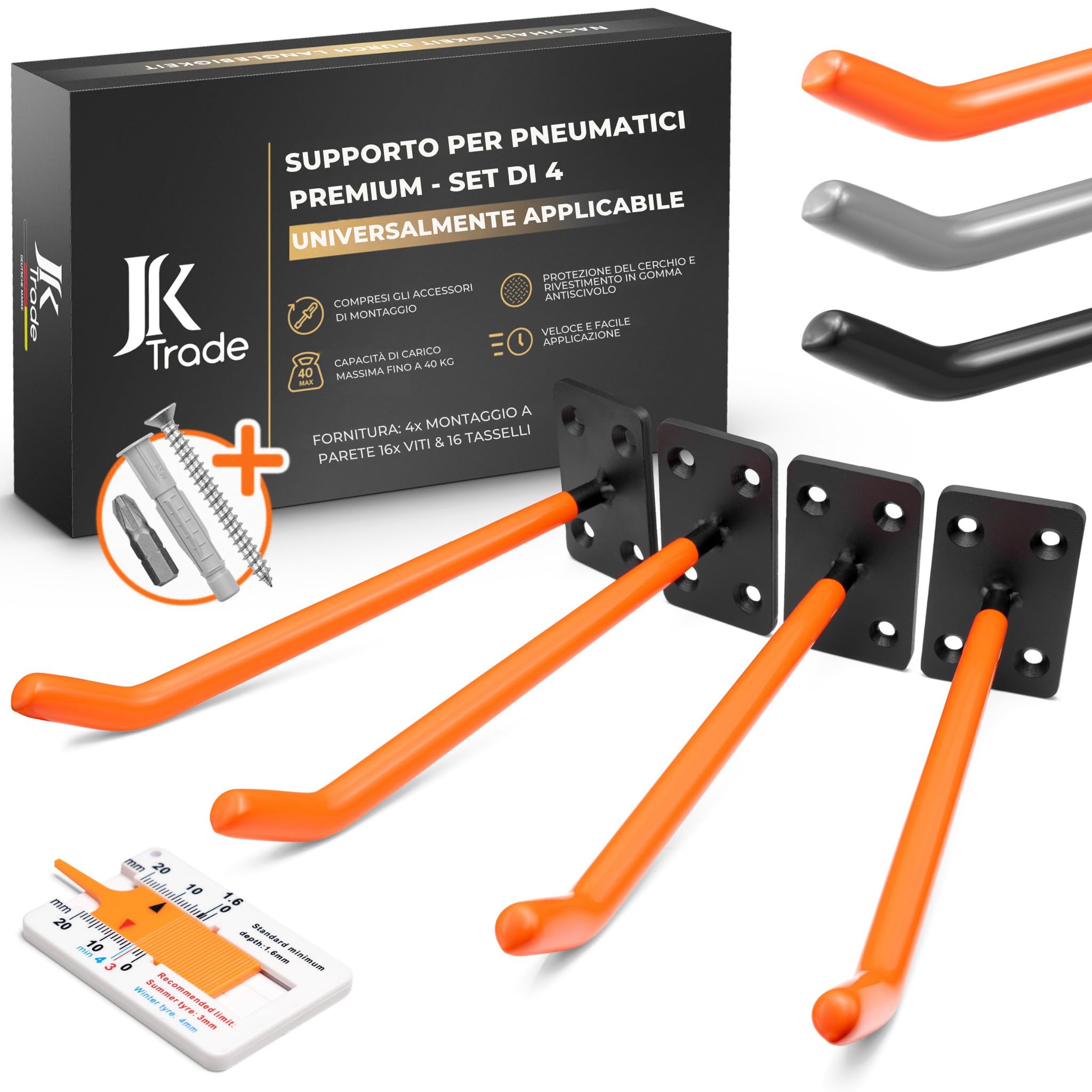 JK Trade® Set da 4 Supporti da parete per pneumatici per cerchioni auto incl. set di viti e tasselli, ganci a parete per pneumatici da avvitare per pneumatici auto, attrezzi da giardino, cerchioni in