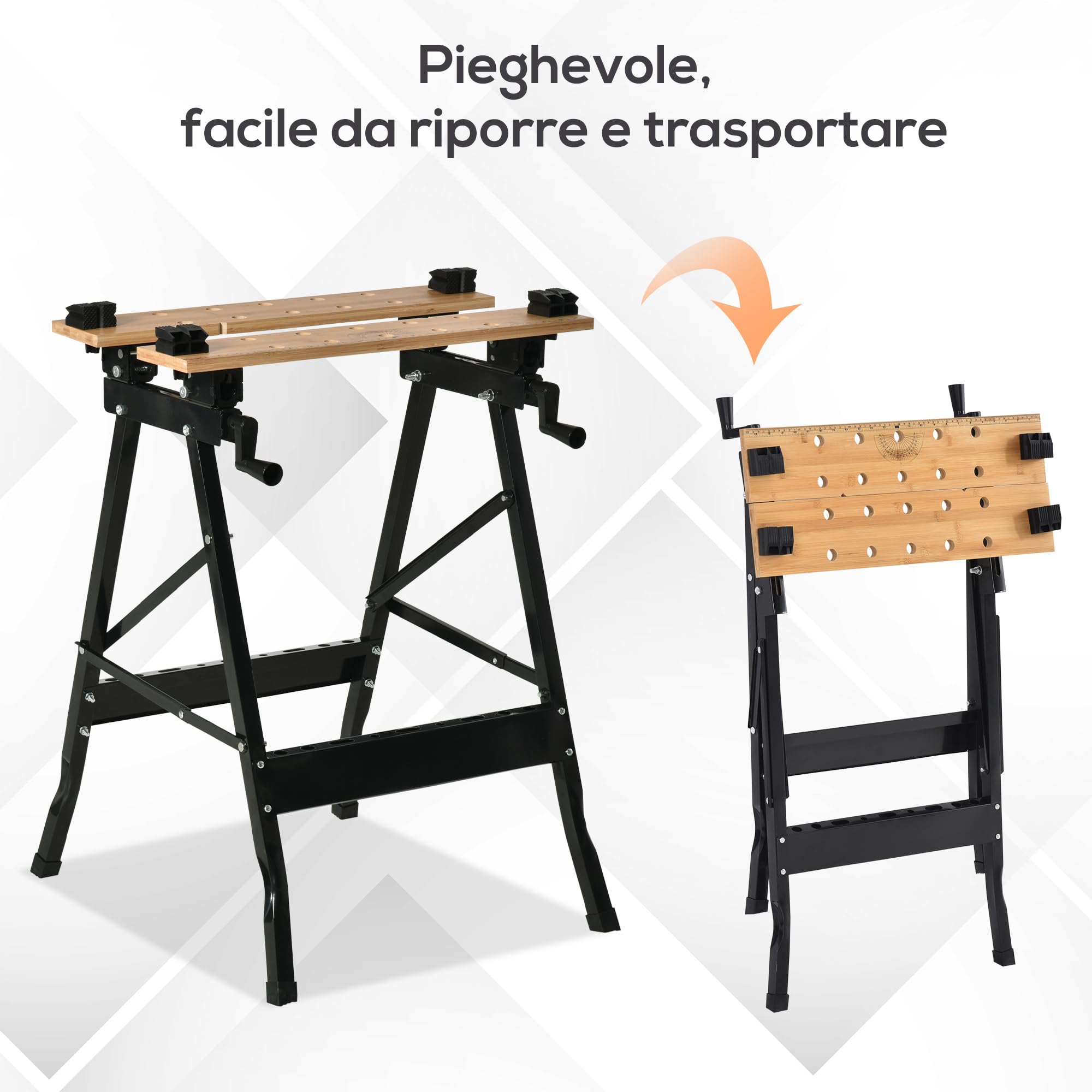 HOMCOM Banco da Lavoro Pieghevole 4 Morse Portata 150 kg Nero e Legno | Riga e Goniometro, Tavolo da Lavoro Regolabile e Portatile, per Casa e Fai da Te
