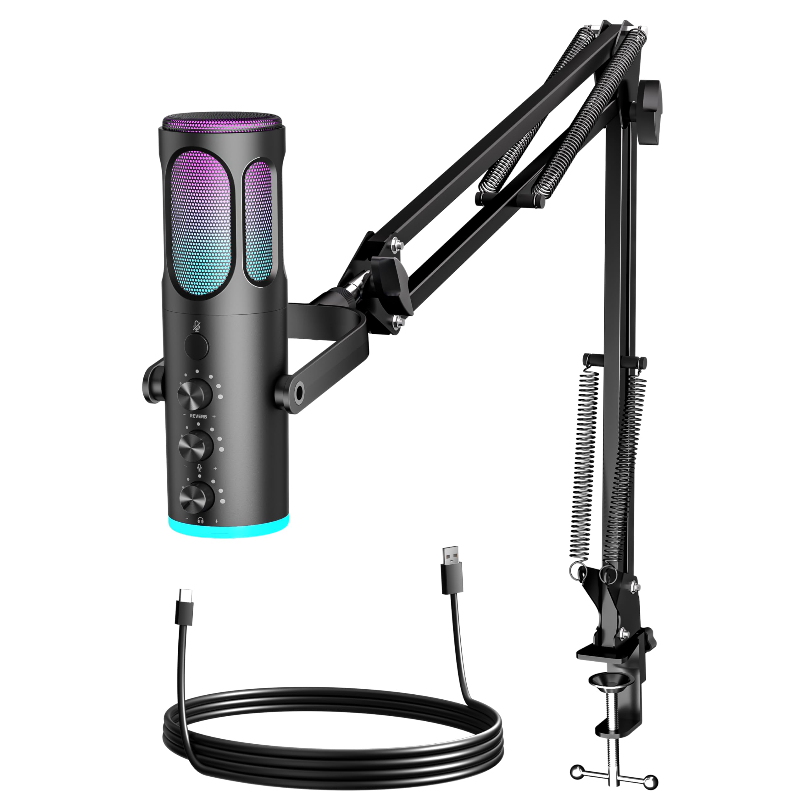 PUPGSIS Gaming Microphone for PC, USB Condenser Mic for PS4/5 and Mac, Noise Cancellation Computer Mic with Mute, Reverb, Adjustable Boom Arm, Pop Filter for Streaming/Podcasting/Recording/YouTube