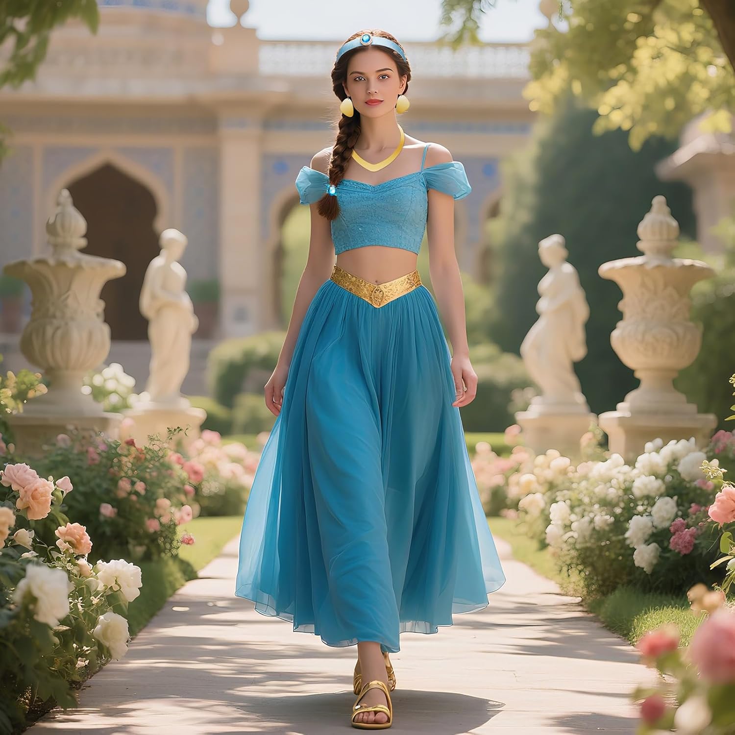 Arabian Princess Costume Set for Women Girls Halloween Cosplay Princess Dress Up Headband Hair Ties - Image 6