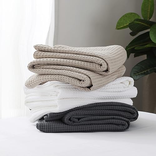 Miniatura 6 de Manta de punto gofre 100% algodón (blanco  tamaño individual  66 x 90 pulgadas), prelavada y no encoge, suave y ligera, manta de 380 GSM tejido de