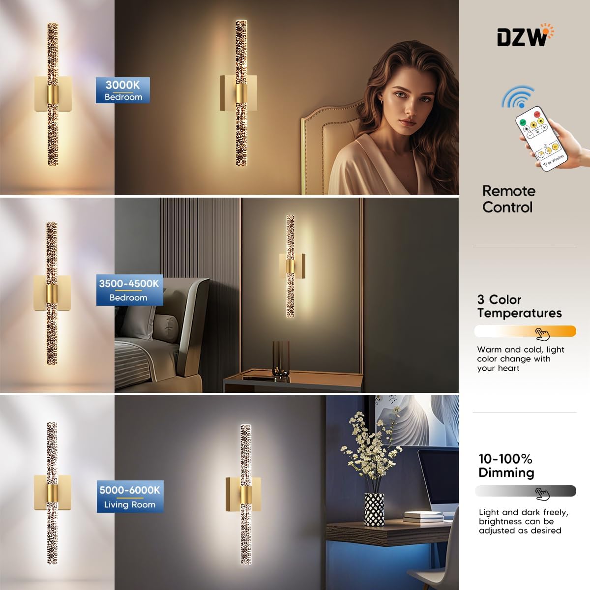 10000mAh Battery Operated Wall Sconce Set of Two,16.9 Inch Rechargeable Modern Crystal Bathroom Sconces,LED Wall Sconce, 3000K-6000K Dimmable Wall Lights (Gold)