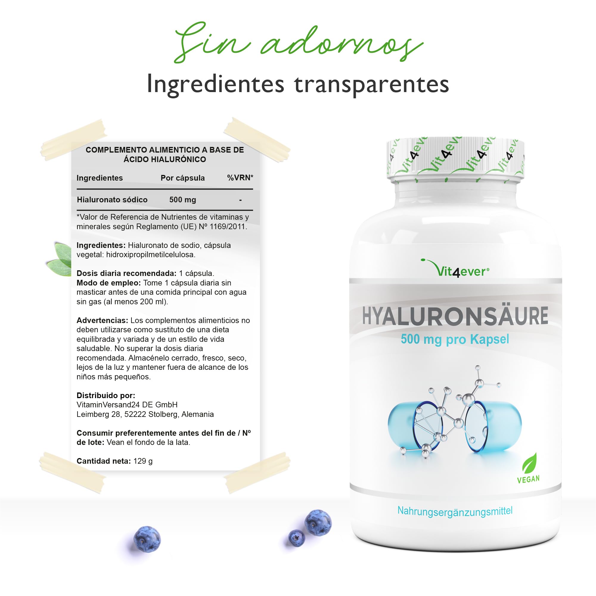 Ácido Hialurónico Vegano - 500 mg Hialurón - 180 cápsulas para 6 meses - 500-700 kDa - Vegetal de fermentación Altamente dosificado - Sin aditivos
