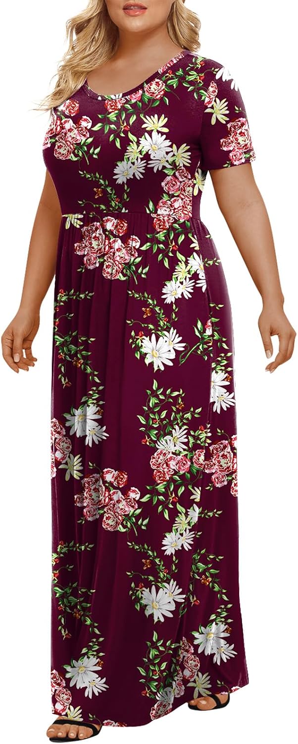 LONGYUAN Women's Plus Size Maxi Dresses for Curvy Women Summer Short Sleeve Casual 2026 Long Dress XL-6XL thumbnail
