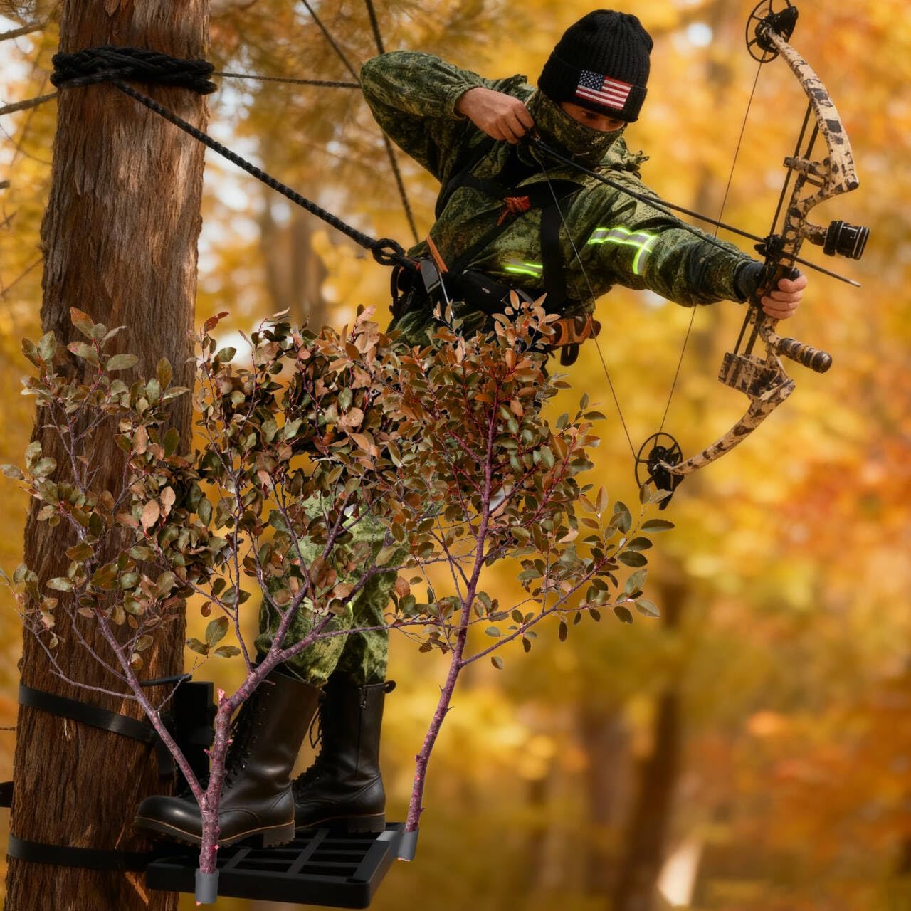 Hunting Saddle Platform Tree Stand, 15”x13” All-Metal Structure, Durable, 500 LBS Capacity, W/2Pcs Branch Holders & Ratchet Straps for Securing & Climbing, Adjustable Folding Ridge Grips (Heavy-Duty)