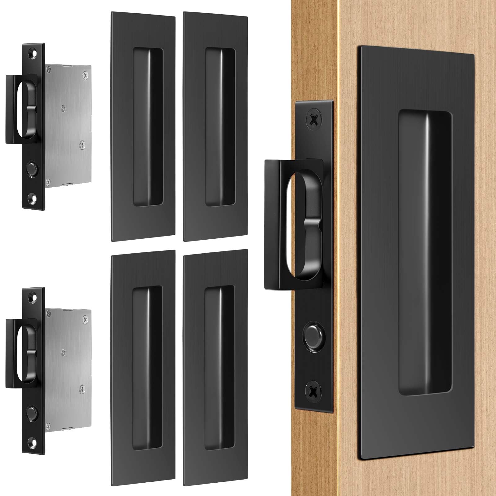 Loodmeo 6 INCH Sliding Pocket Door Handles, 304 Stainless Steel Non Locking Pocket Door Hardware, Recessed Flush Finger Pulls, Heavy Duty Edge Pull with Pop Out Ring Pull (2, Black)