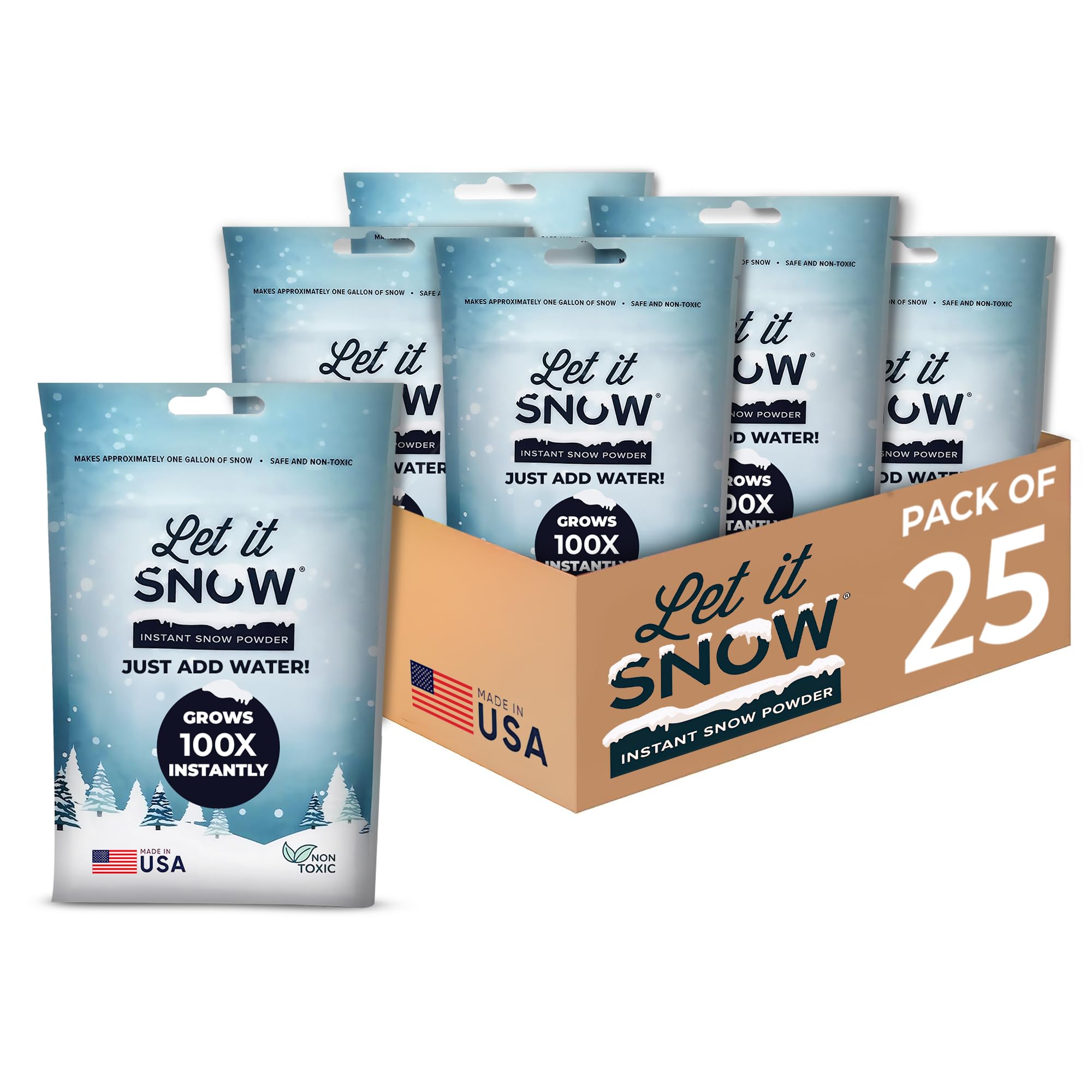 Let It Snow Instant Fake Snow Powder – Made in the USA, Perfect for Kids, Holiday Decorations, Sensory Play, and Slime – 25 Pack, Makes 25 Gallons snow