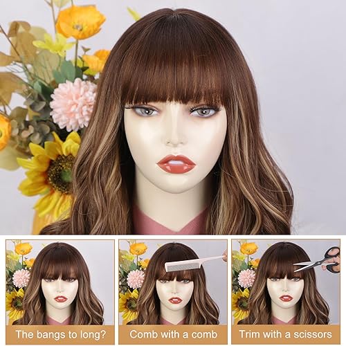 Miniatura 7 de AISI QUEENS Pelucas con flequillo, pelucas de reflejos marrones para mujer, pelucas largas onduladas con raíces oscuras, fibra sintética resistente
