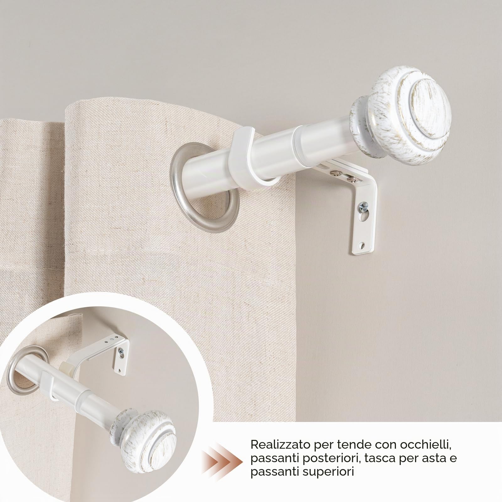 BellaHills 2 Pezzi Bastone per Tenda, 76-230 cm Aste per Tende per Finestra con Coperchio e Staffe Set, Bastone per Tende Regolabile di Diametro 25mm per Camera da Letto, Bianco