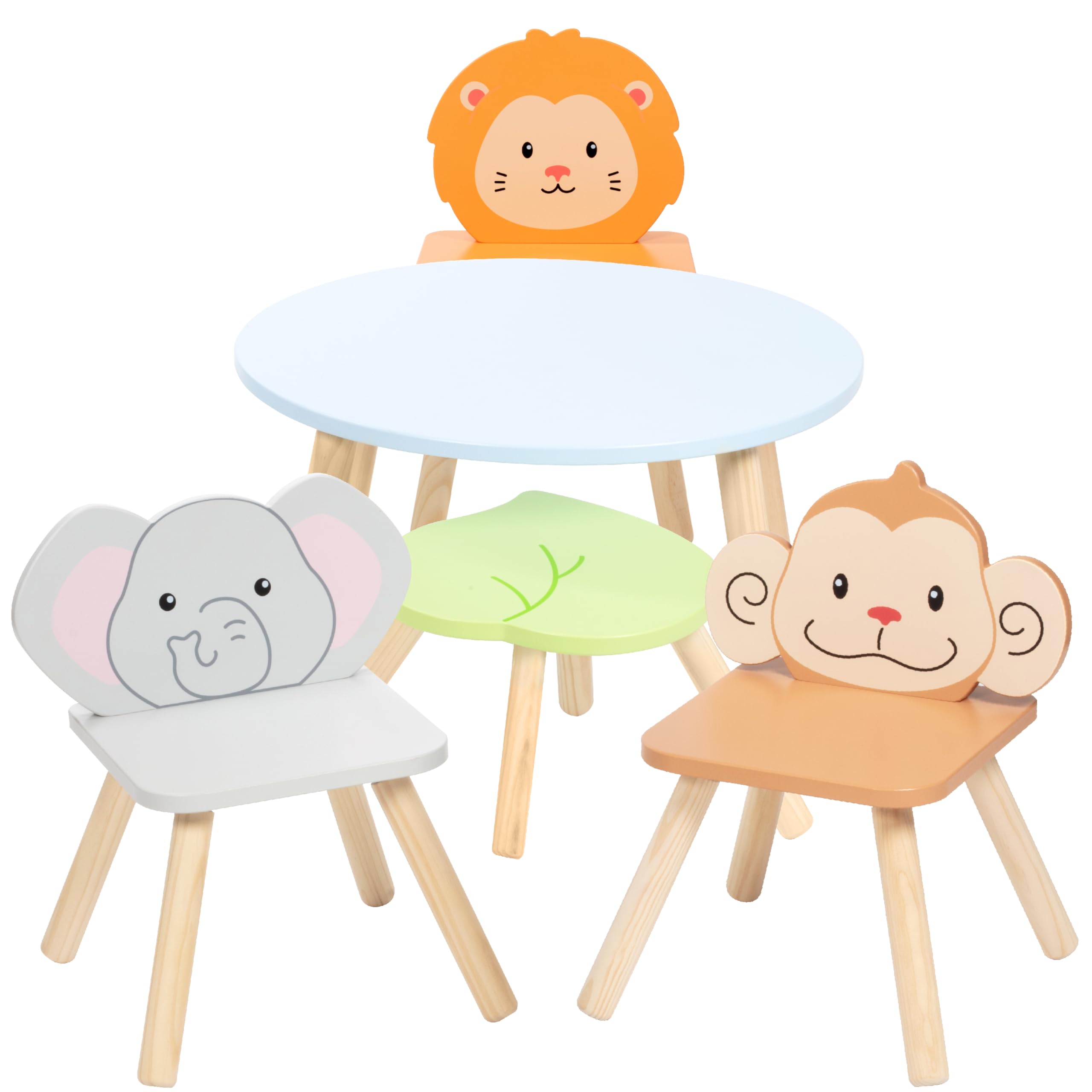 Kids Wooden Animal Table & Chair Set w 4 Seats- Monkey Lion & Elephant Plus Adult Stool for Arts Crafts, Dining, Pretend Play- Durable Playroom Furniture for Home, Daycare Classroom- Toddler Gift