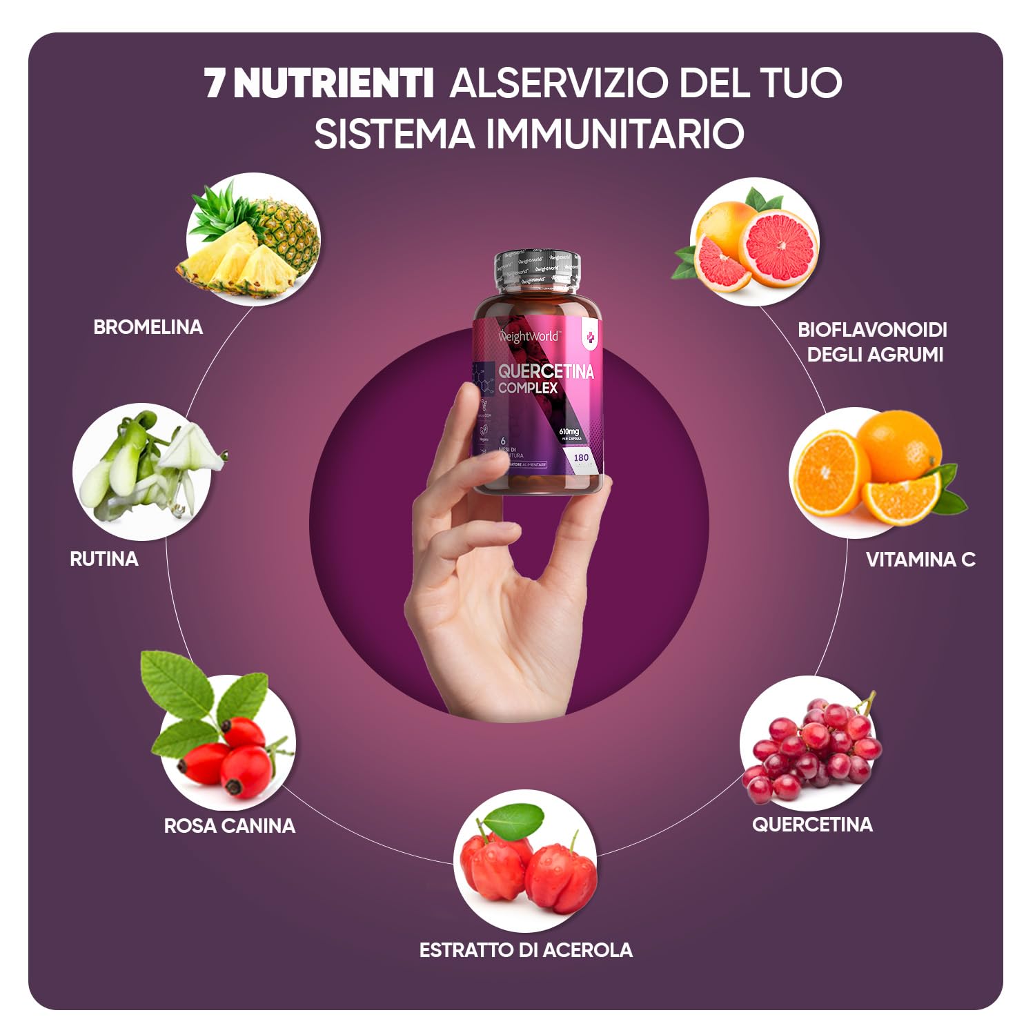 Quercetina 610mg, Quercetina Complex 180 Capsule Vegan (6 Mesi), Quercetina e Bromelina con Rosa Canina, Rutina, Bioflavonoidi - Vitamina C, Sistema Immunitario, Stress Ossidativo - Quercitina Complex