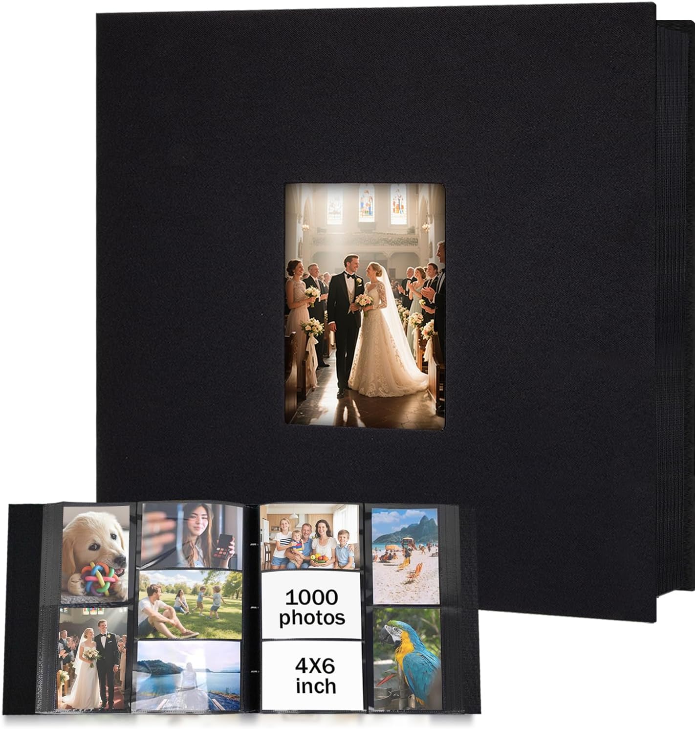 Extra Large Capacity Photo Album 4x6 1000 Pockets, Linen Cover and Front Window, Holds 1000 4x6 Horizontal and Vertical Photos, 4 x 6 Picture Book for Family Wedding Anniversary Vacation, Black