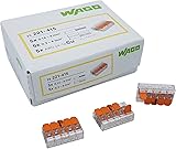 WAGO Steckklemme 5-Fach mit Hebel für starre (0,2-4 mm²) und flexible (0,14-4 mm²) Drähte zum wieder öffnen transparent/orange Inhalt 25 Stück