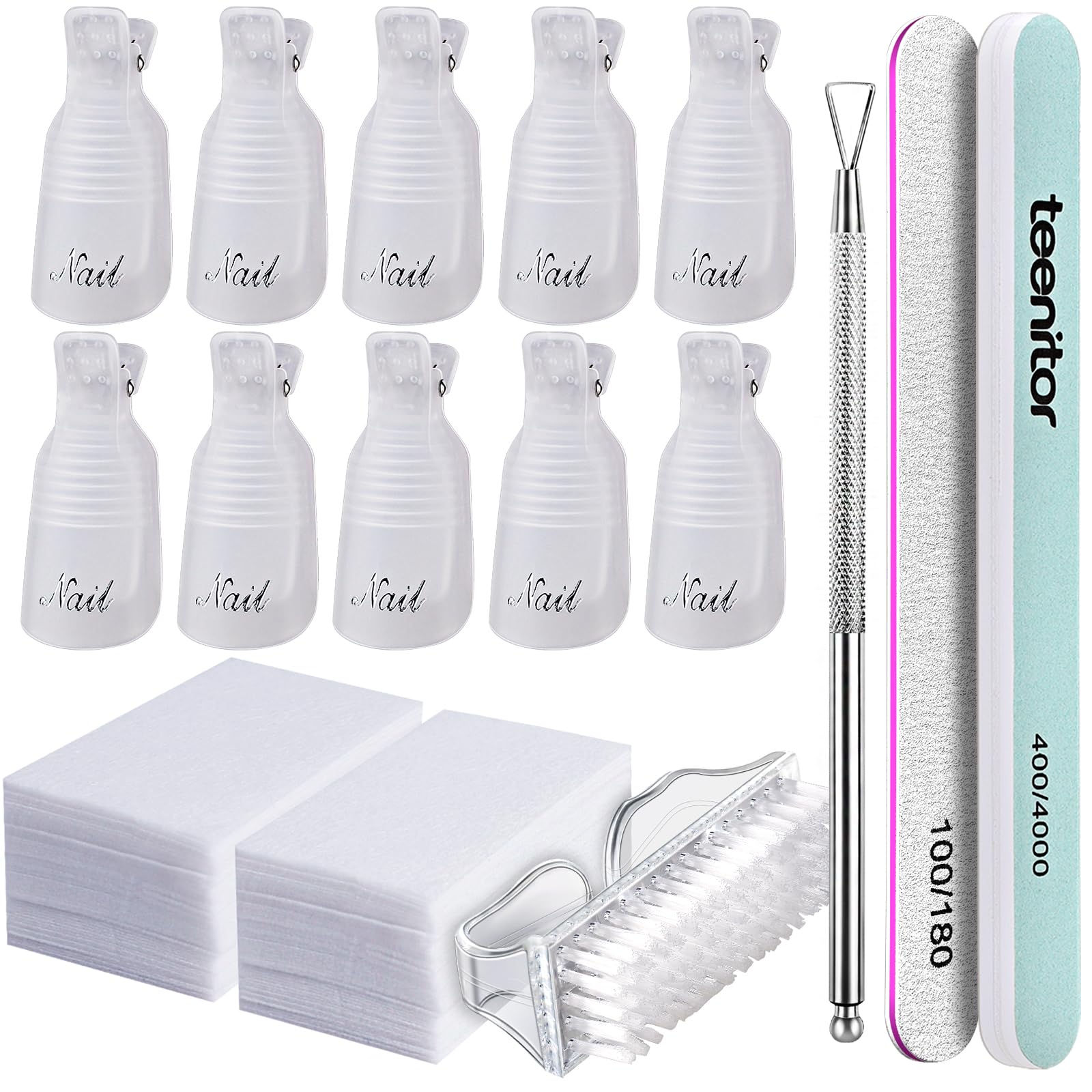 Teenitor gel nail remover kit with10pcs Gel Clip Remover, Brush for Nails, Nail Files 100/180, Buffer Block 400/4000, Stainless SteelCuticle Peeler
