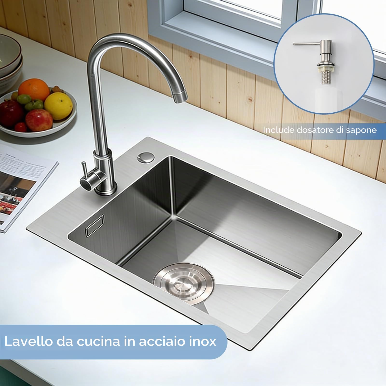 Lavandino Cucina Brushed, 35x50 cm, Lavello Cucina 1 Vasca in Acciaio Inox, Lavello da Esterno per Camper con Set di Drenaggio e 2 Fori di Preforato, Installazione a Sopratop o Filotop