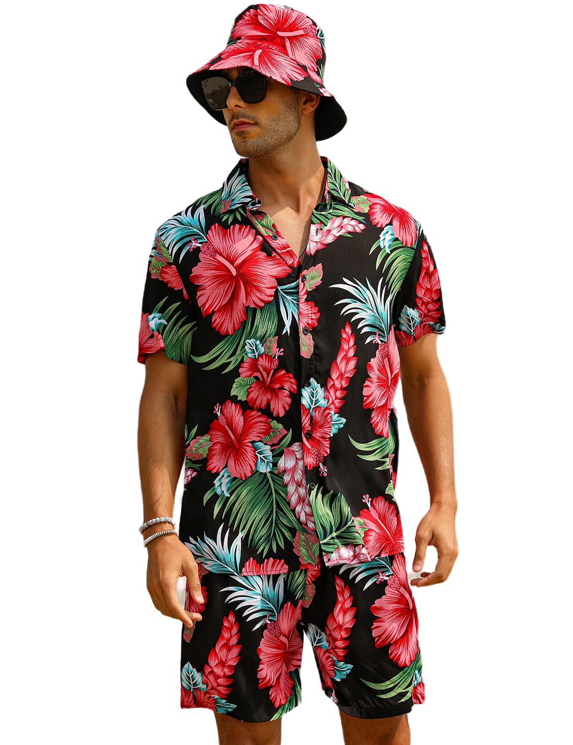EISHOPEERMen's Flower Hawaiian Sets Casual Short Sleeve Shirt and Shorts Suits Outfits with Bucket Hats