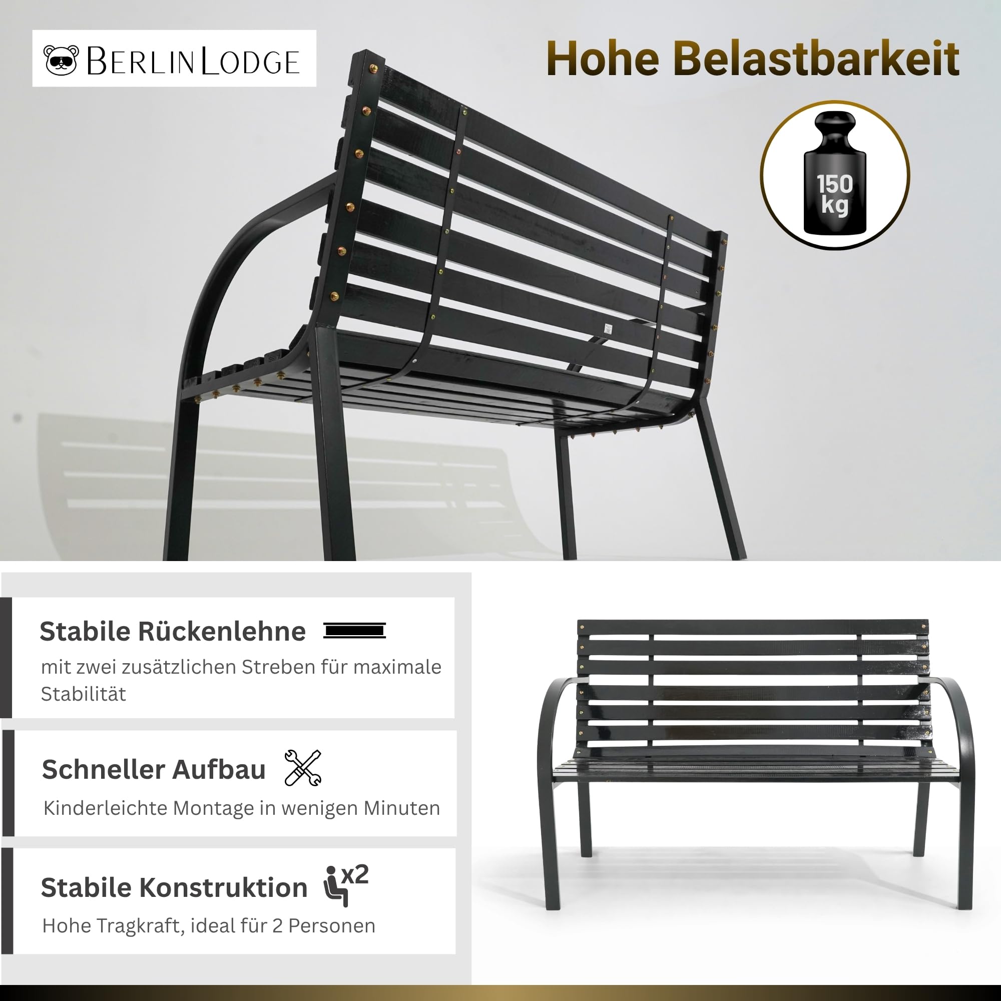 Berlinlodge Gartenbank Santorini Holz & Metall 2-Sitzer, wetterfest, rustikal & massiv, 82 x 120 x 58 cm, Schwarz, Balkonbank, Holzbank, Wintergarten Gartenmöbel, Sitzbank, Garten Balkon & Terrasse