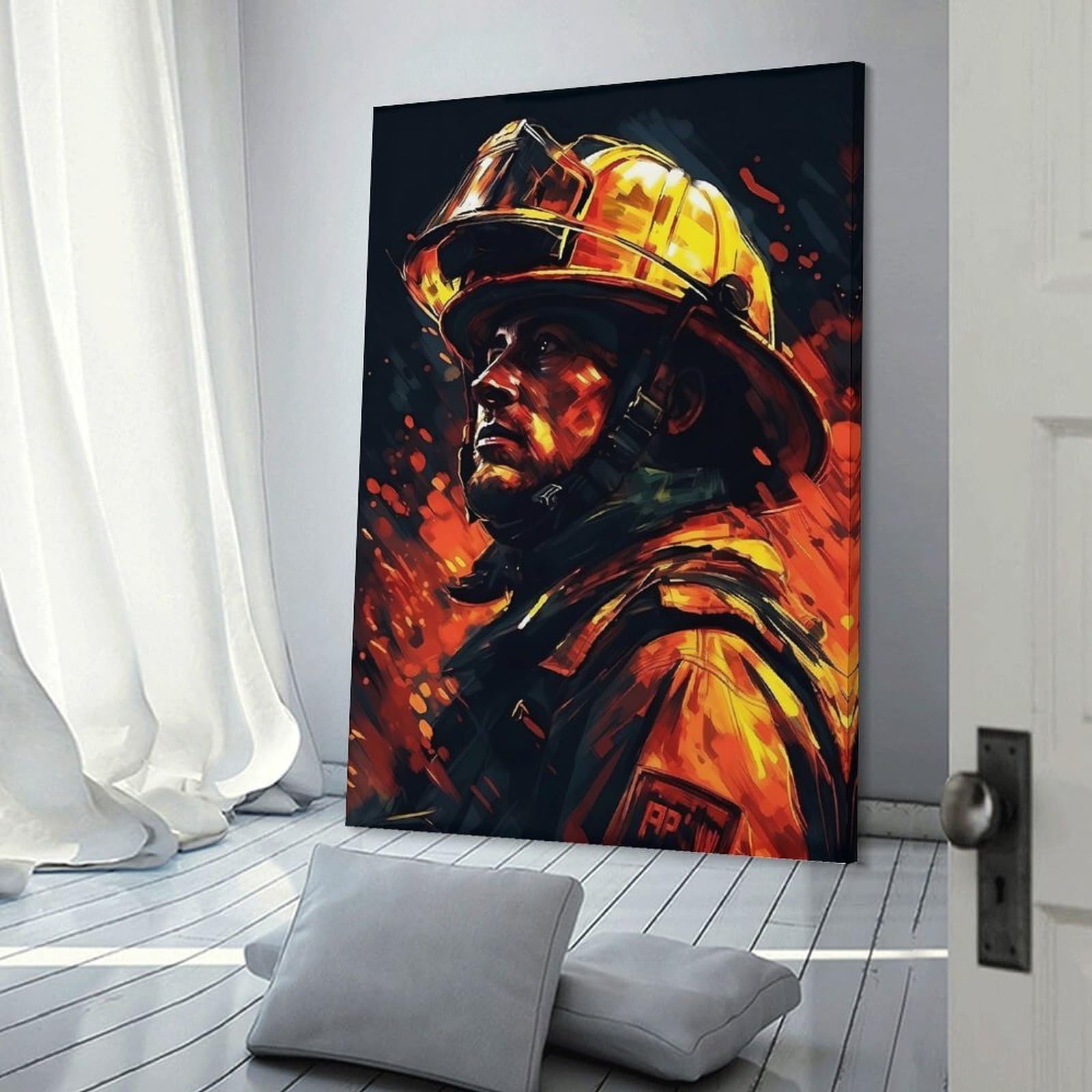 Junmoney Firefighter Drawn Wall Decor Canvas Print 20x30inch(50x75cm), for Sofa Walls, Lounge Or Home Corners, Modern Wall Decor for Cosy Interiors