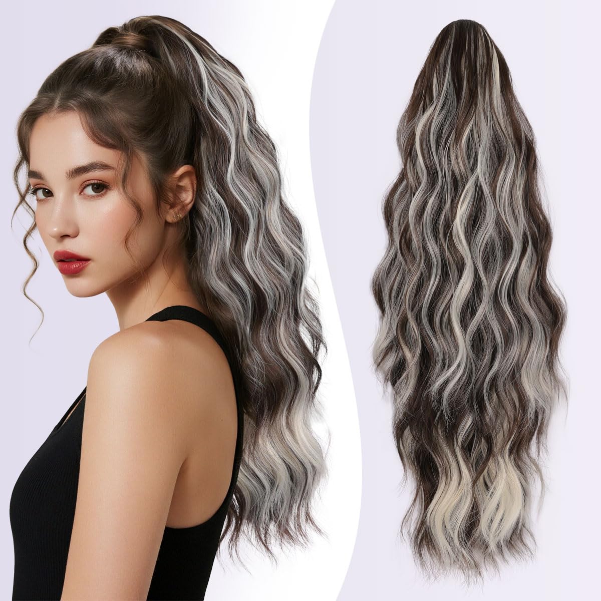 JIAMEISI Ponytail Extension 18 Inch Claw Clip Ponytail Hair Extensions Long Curly Wavy Jaw Clip in Pony Tails Extension Synthetic Hairpiece for Women Daily Use Party (Ash Brown with Platinum Blonde)