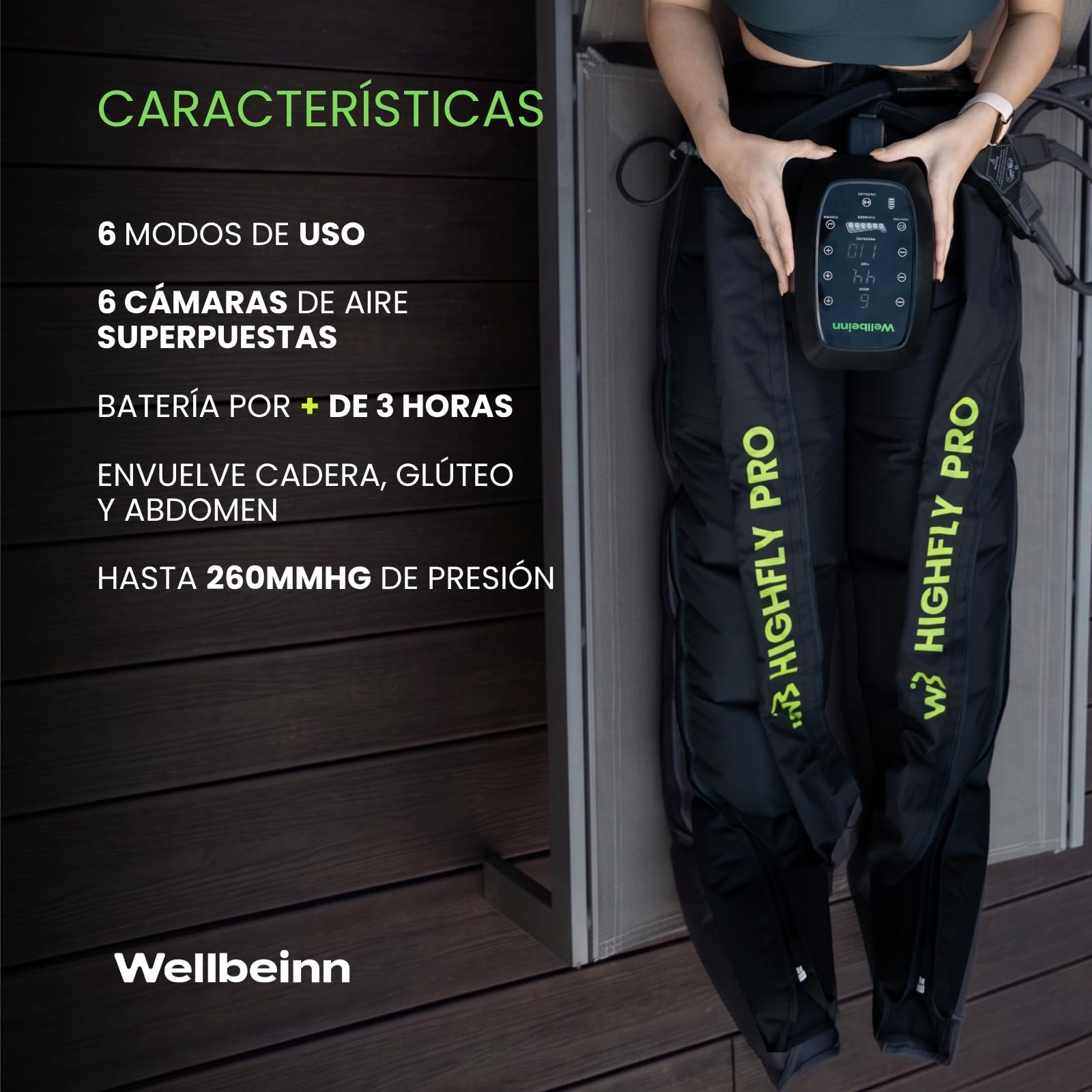 Wellbeinn HighFly Pro | Botas de presoterapia inalámbricas | Masajeador de piernas y pies por compresión de aire | 6 modos, intensidad ajustable | Sesiones 60 min | Autonomía 3 h y uso enchufado