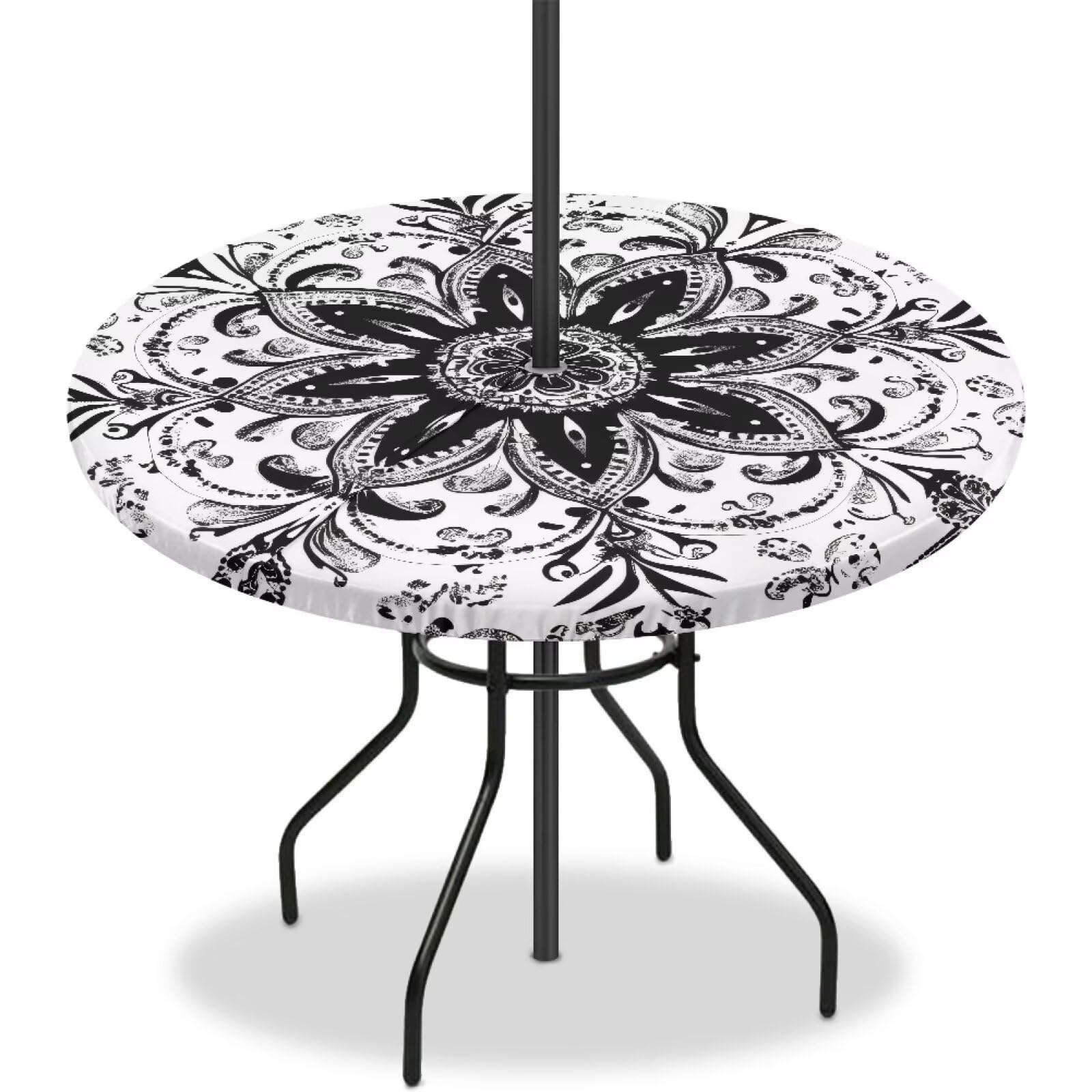 Urndoeng Bohemia Mandala Outdoor Tablecloth with Umbrella Hole, Mantel Redonda,Vintage Flower Fitted Tablecloth with Elastic Polyester Wipeable Table Cloth Cover for Picnic, Patio,Bar Decoration