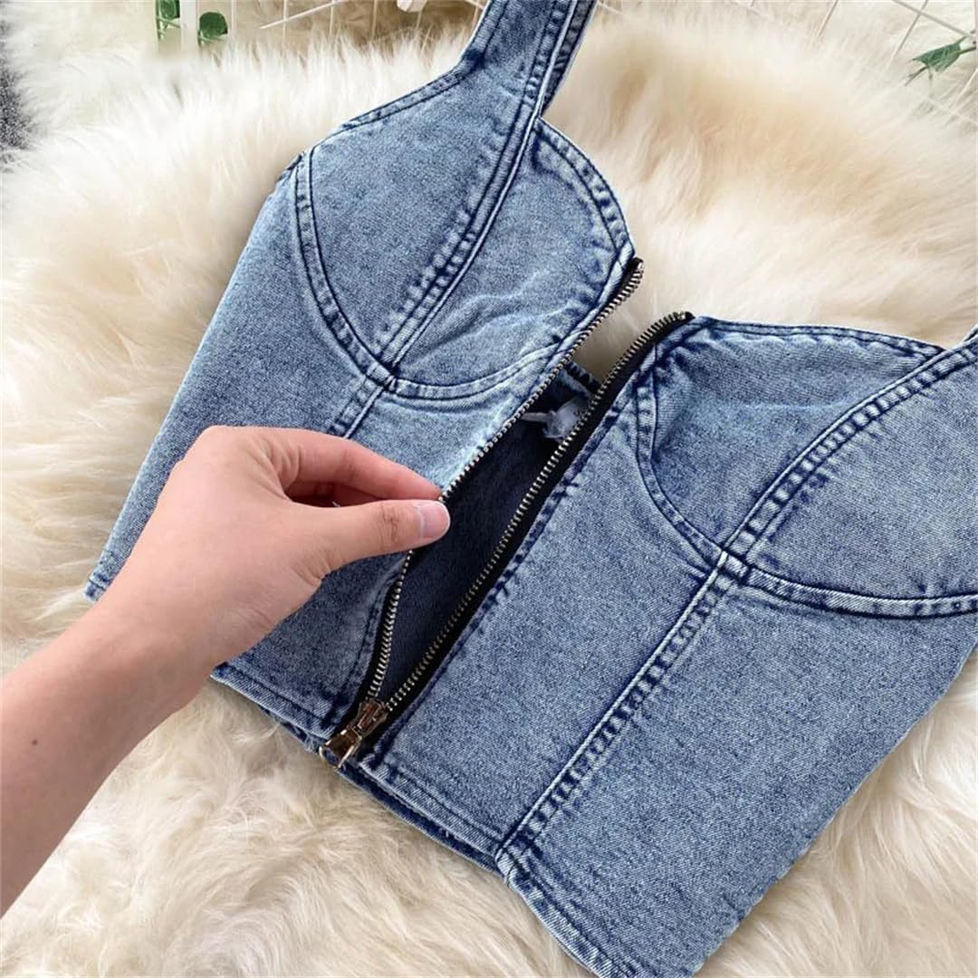 Women's Denim Two Piece Set Sleeveless Strap Crop Top And Long Skirt Summer Jeans Suit Casual Outfit