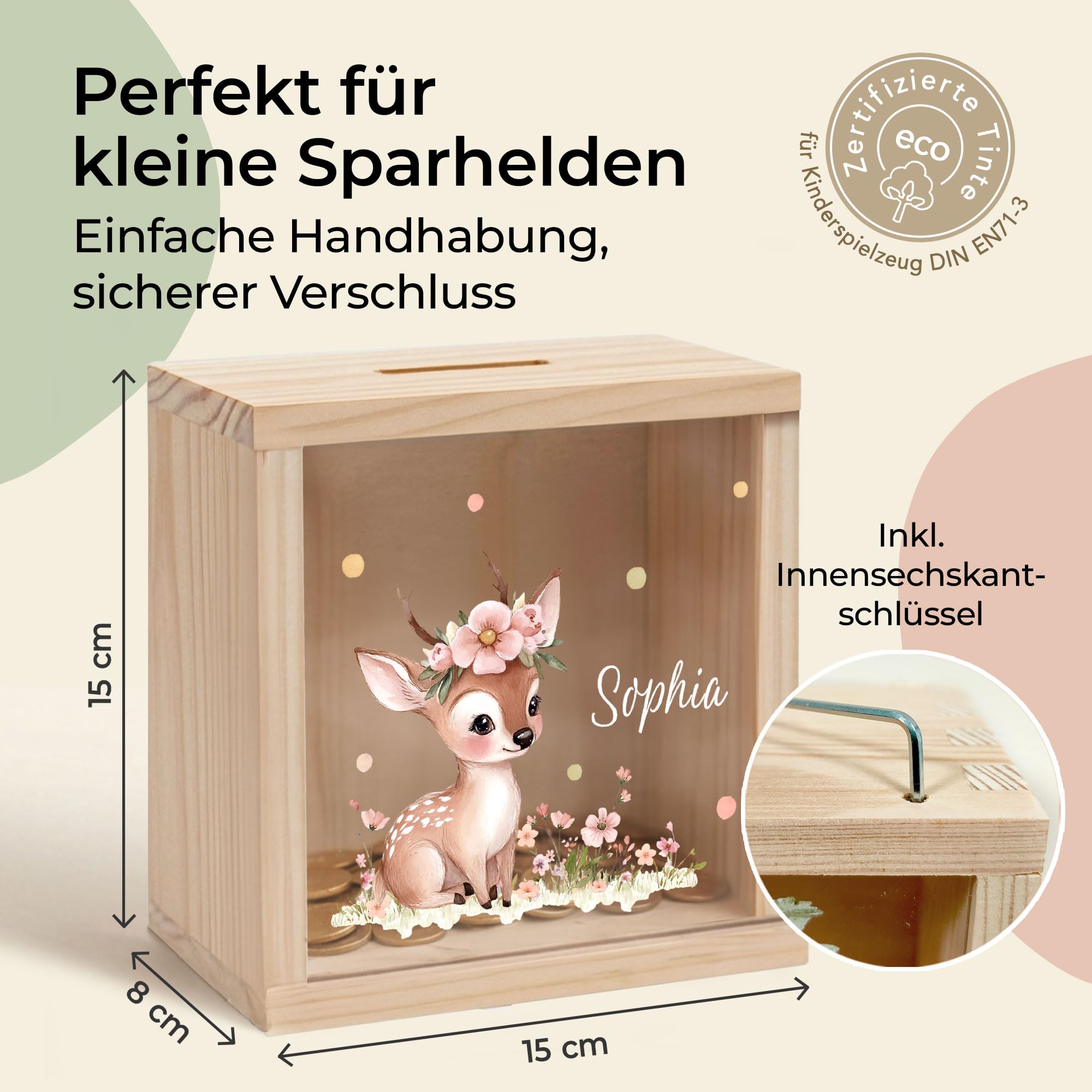 Little-Deco Spardose, Geldkassette, Sparbox, Geld sparen, 15x15cm | Sparschwein Kinder, personalisierte Geschenke Kinder, personalisierte Spardose, Holzspardose, Geschenk zur Geburt