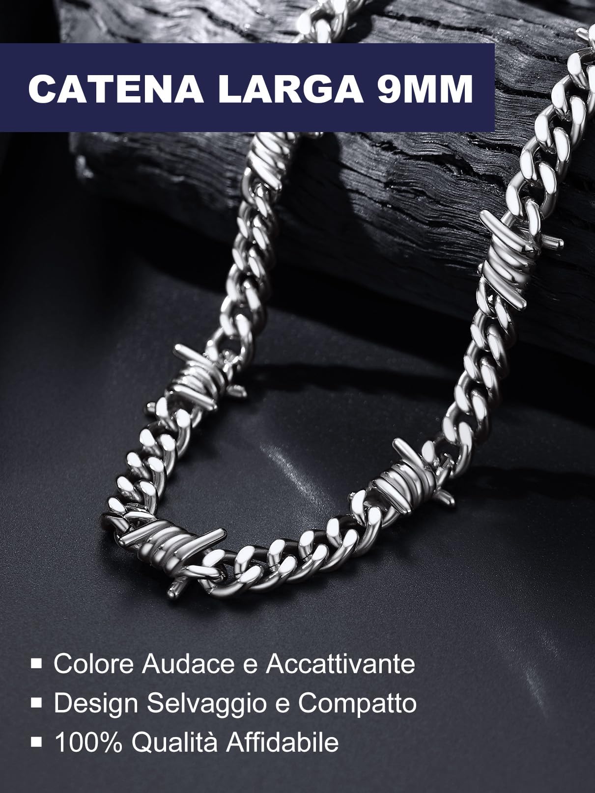 Bandmax Collana Uomo Catena Cubana con Spine - Larghezza 5/7/9/12 MM, Lunghezza 40-55 CM, Oro/Nero/Acciaio Inossidabile - Catenina Grossa Stile Hip Hop Punk per Uomini Donne Antiscolorimento