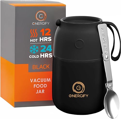 ENERGIFY Tarro de comida aislado al vacío. Tazón grande de 17 onzas con cuchara plegable, taza. Boca ancha para mantener bebidas calientes y frías,