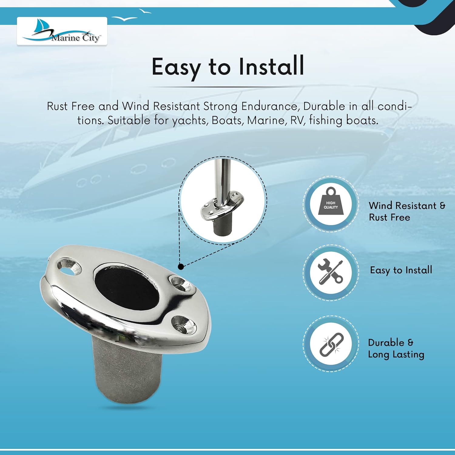 MARINE CITY 316 Grade Stainless Steel Durable Deck Flush Mounting Base Flag Socket Grade T-Handle (Fits for 1 Inch Pole) for Boats – Yachts – Marines – Hardware Accessories (Pack of 1) : Sports & Outdoors