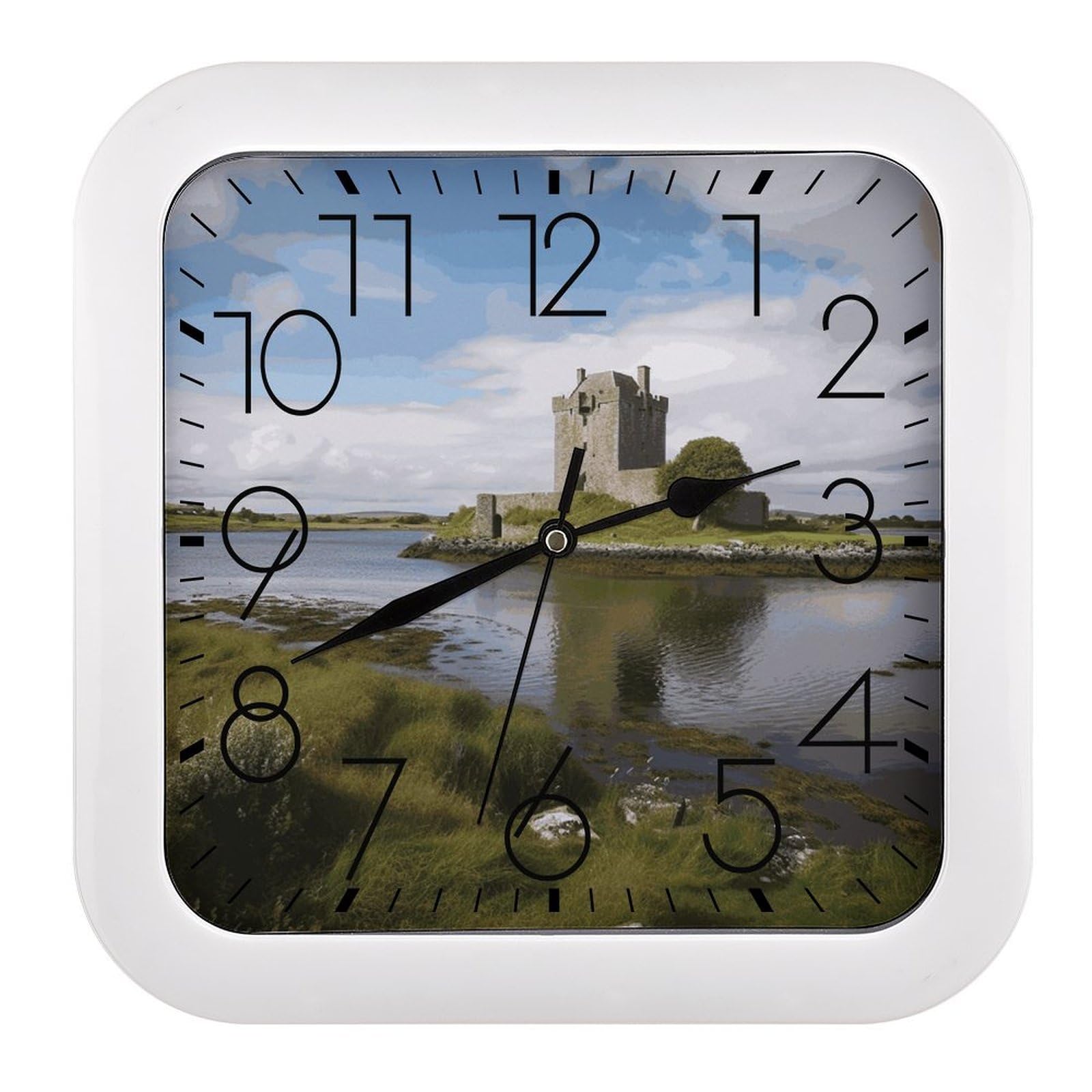 JTREHY View of The Dunguaire Castle Wall Clock The Sound is Soft Square Timepiece Fashion Precise Easy to Read Numbers | Perfect Living Room Kitchen Or Office Clocks