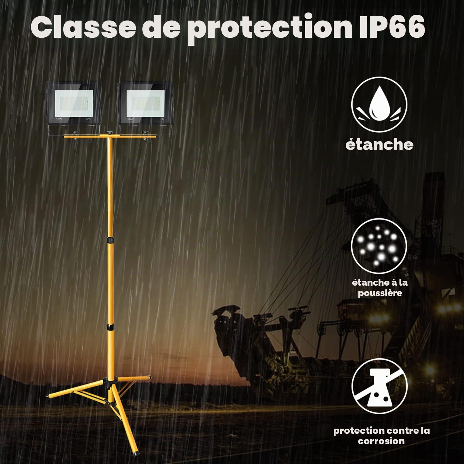Eulenke Spot LED de chantier avec trépied 2 x 50 W blanc chaud IP66 étanche 3000 K 4250 lm lampe de construction intérieure et extérieure réglable en hauteur (avec câble de 1 m pas de connecteur)